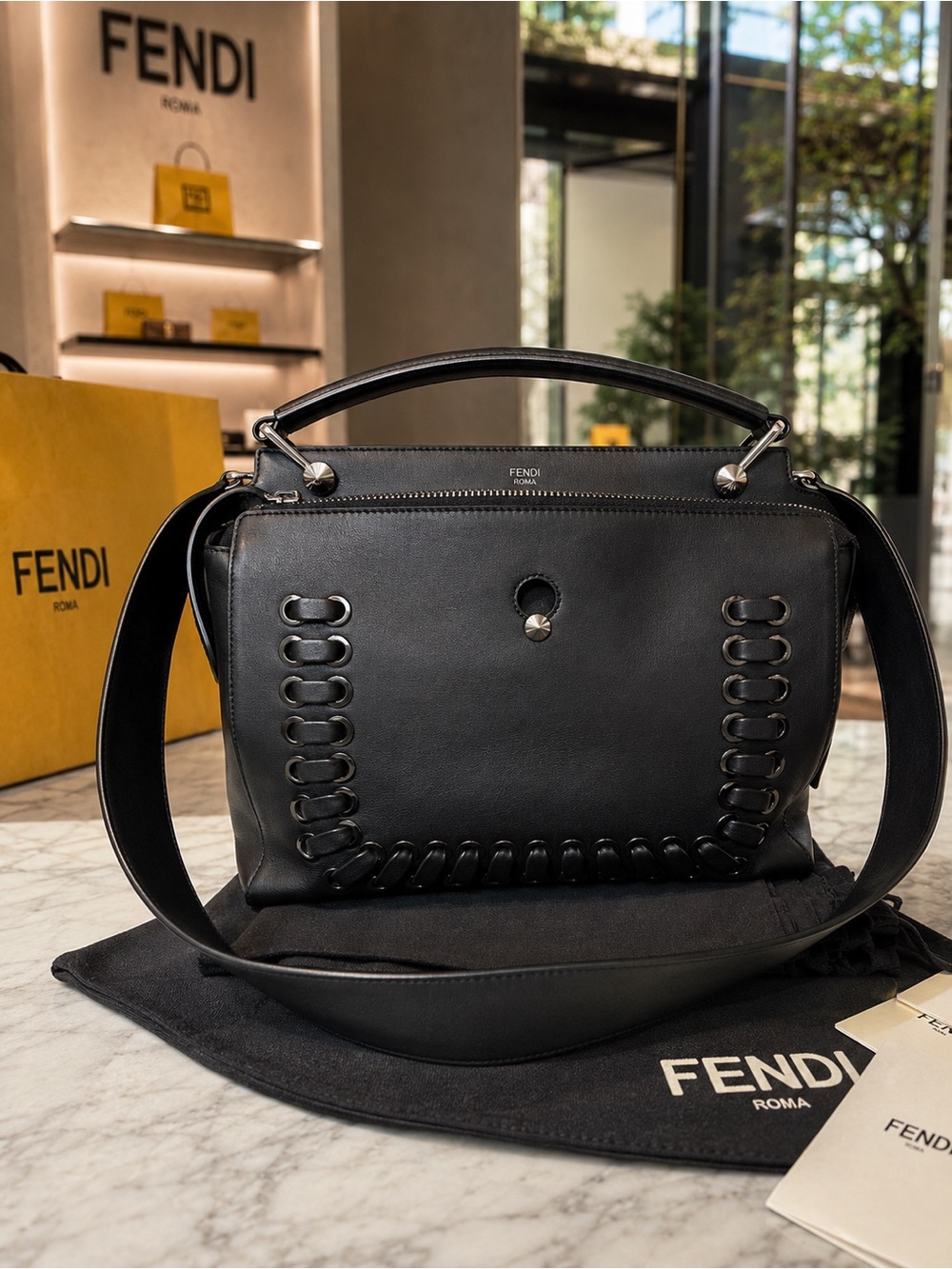 Fendi Dotcom Medium Whipstitch Leather Satchel – Black | Brown Interior | Silver